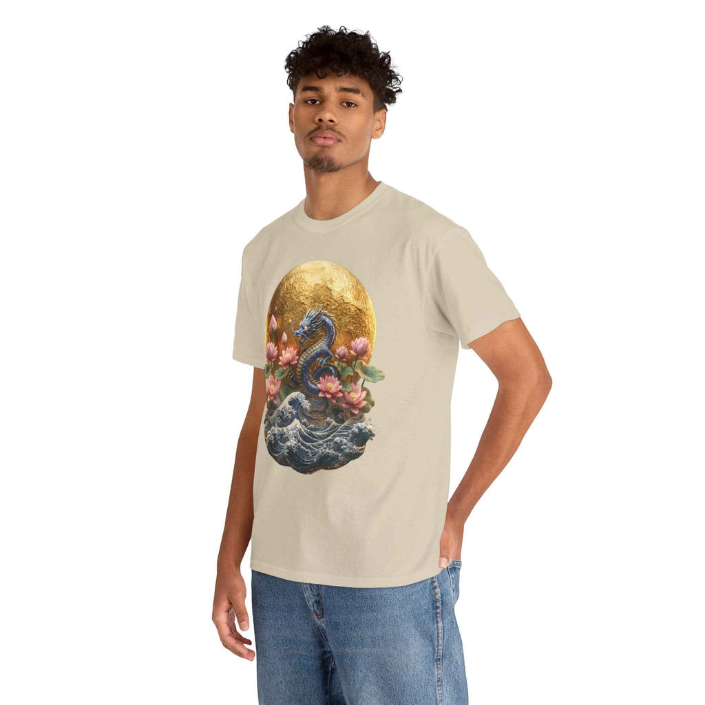 Japanese Dragon & Lotus Moon Graphic Tee - Heavy Cotton Streetwear