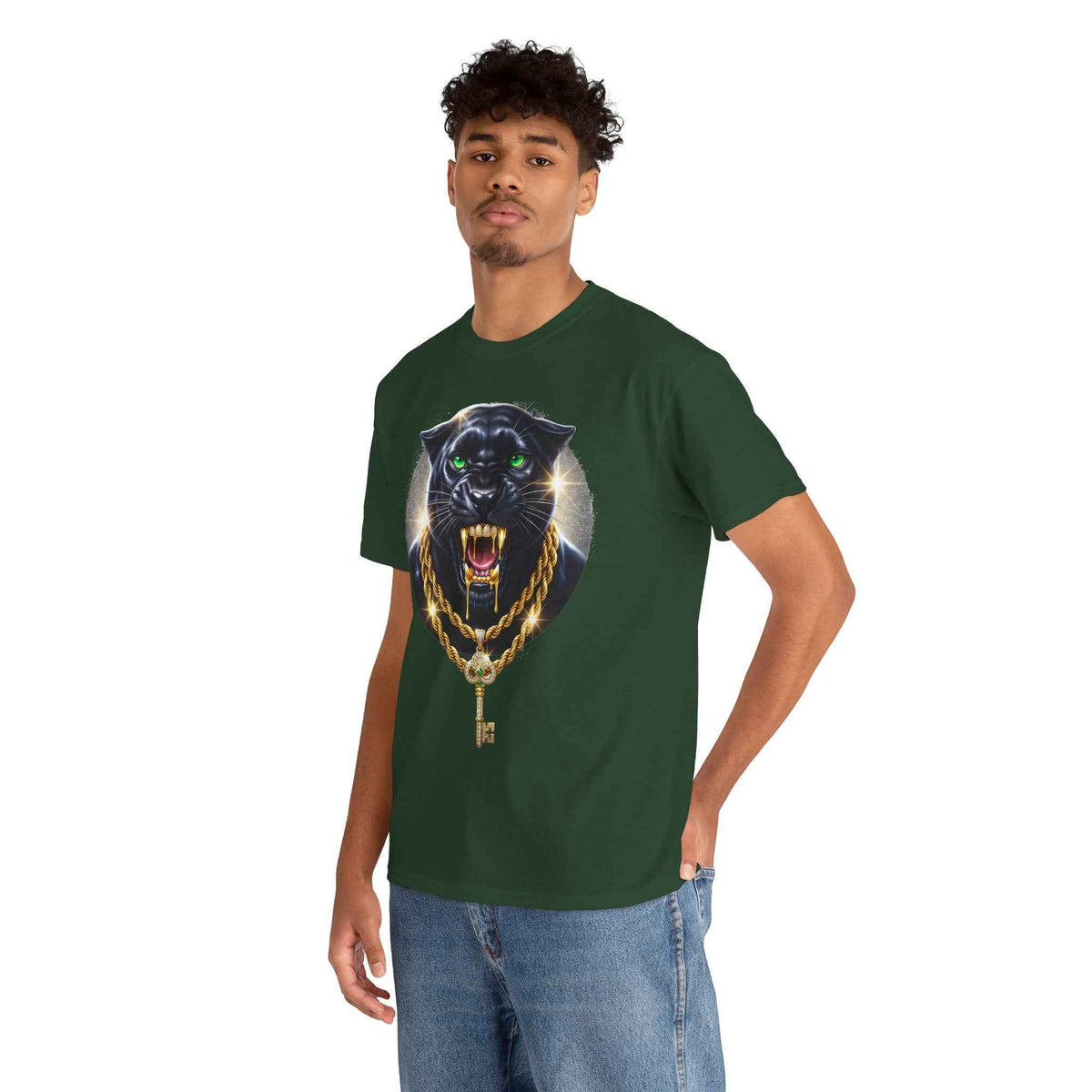 Luxury Black Panther Graphic Tee with Gold Chains & Key