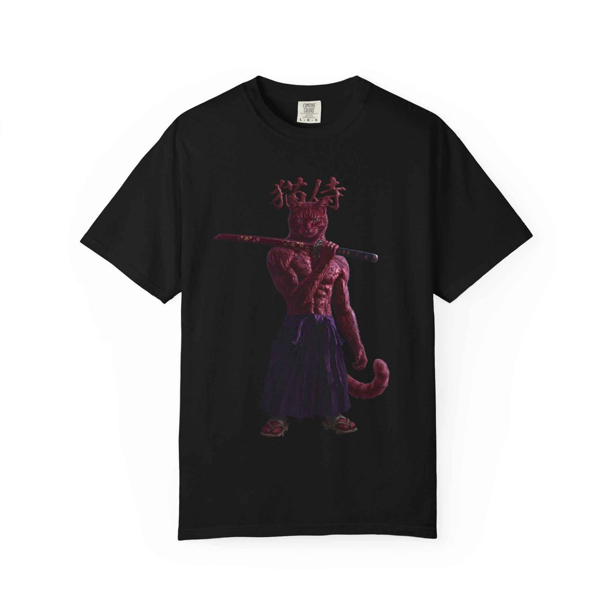 Heavyweight Vintage Red Samurai Cat Tee - Boxy Graphic Tee for Dark Aesthetic Fans
