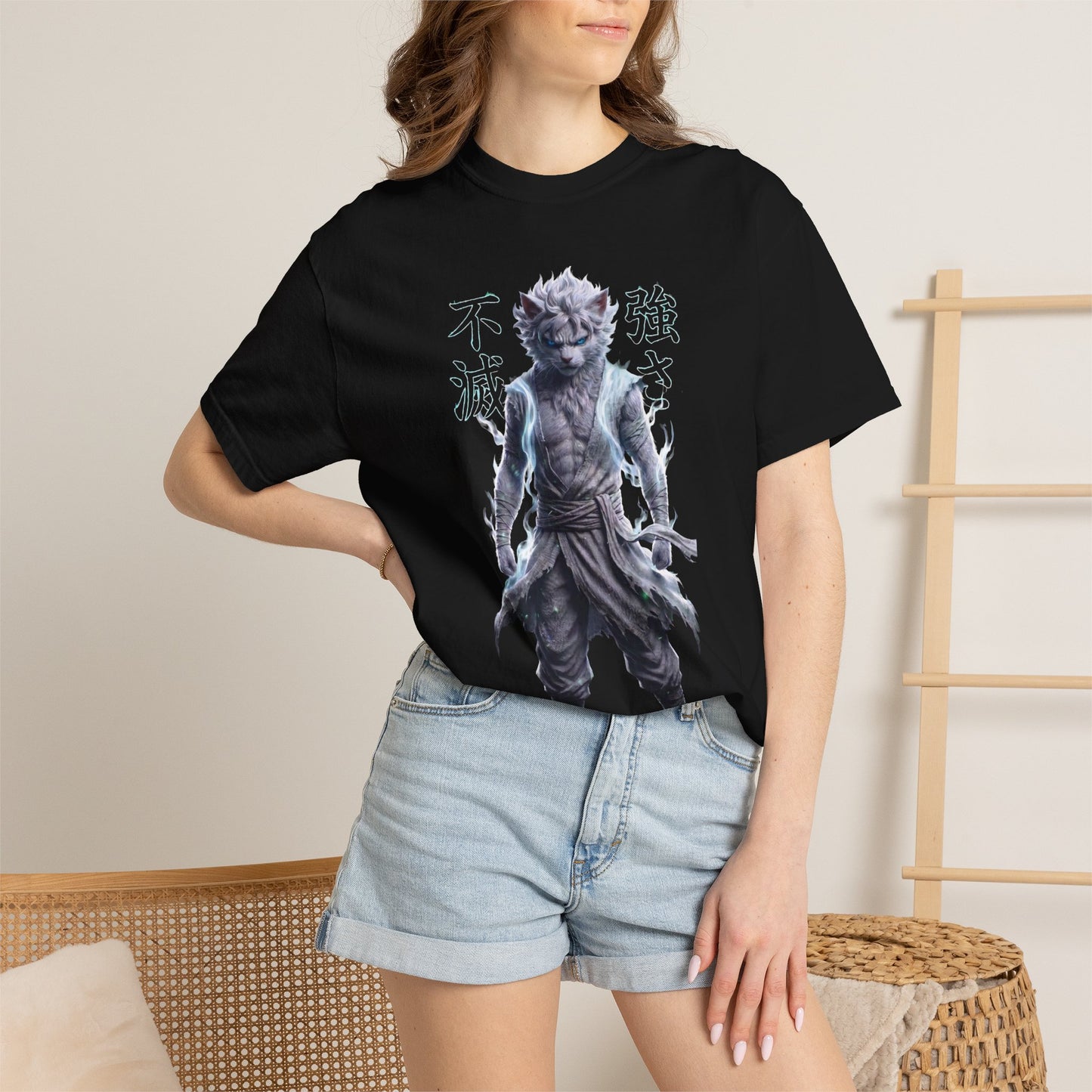 Y2K Cyberpunk Graphic Tee White Silver Cat Warrior Unisex Harajuku Style Streetwear Comfort Colors 1717 T-Shirt