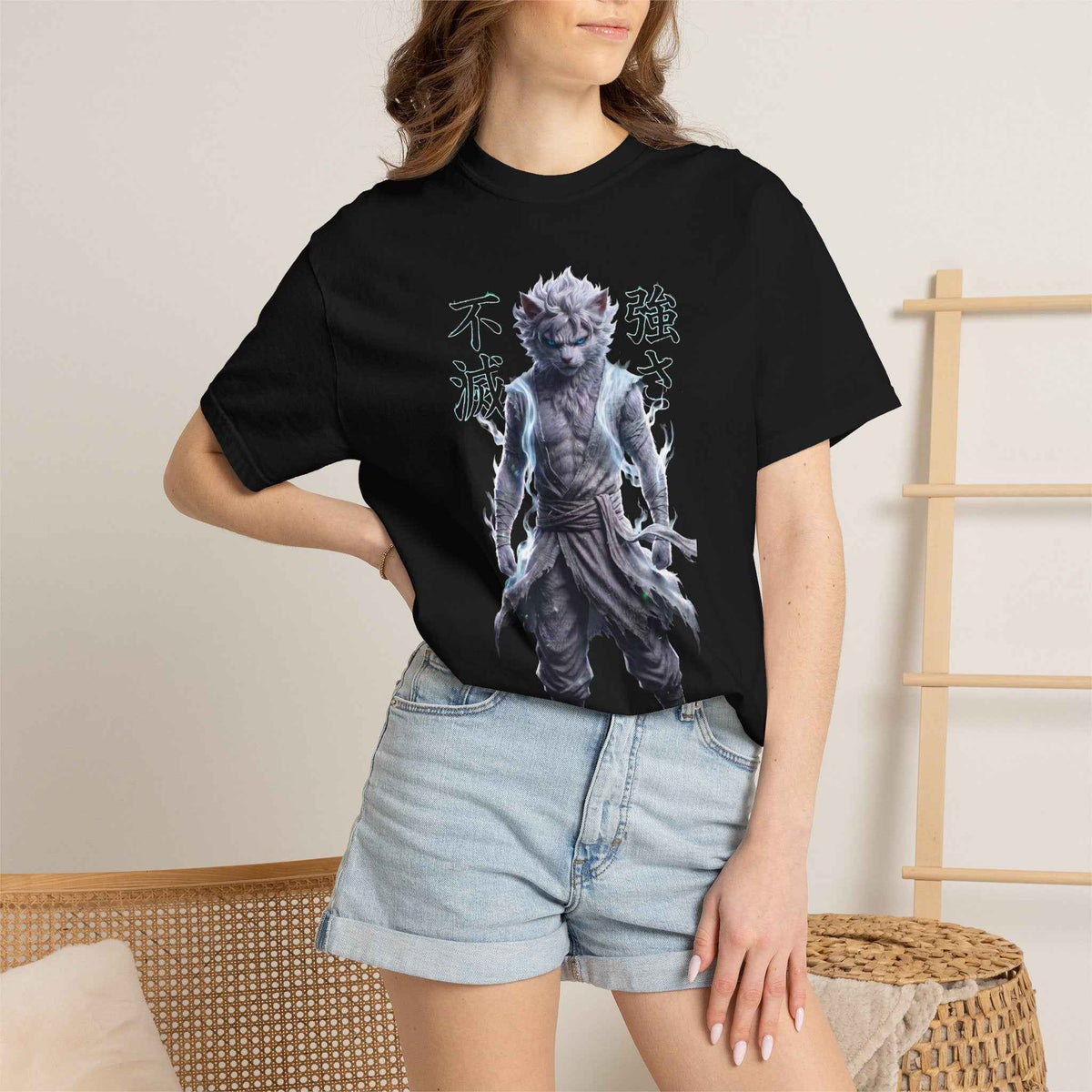 Cyberpunk Cat Warrior Graphic Tee - Harajuku Style, 100% Cotton Premium Tee