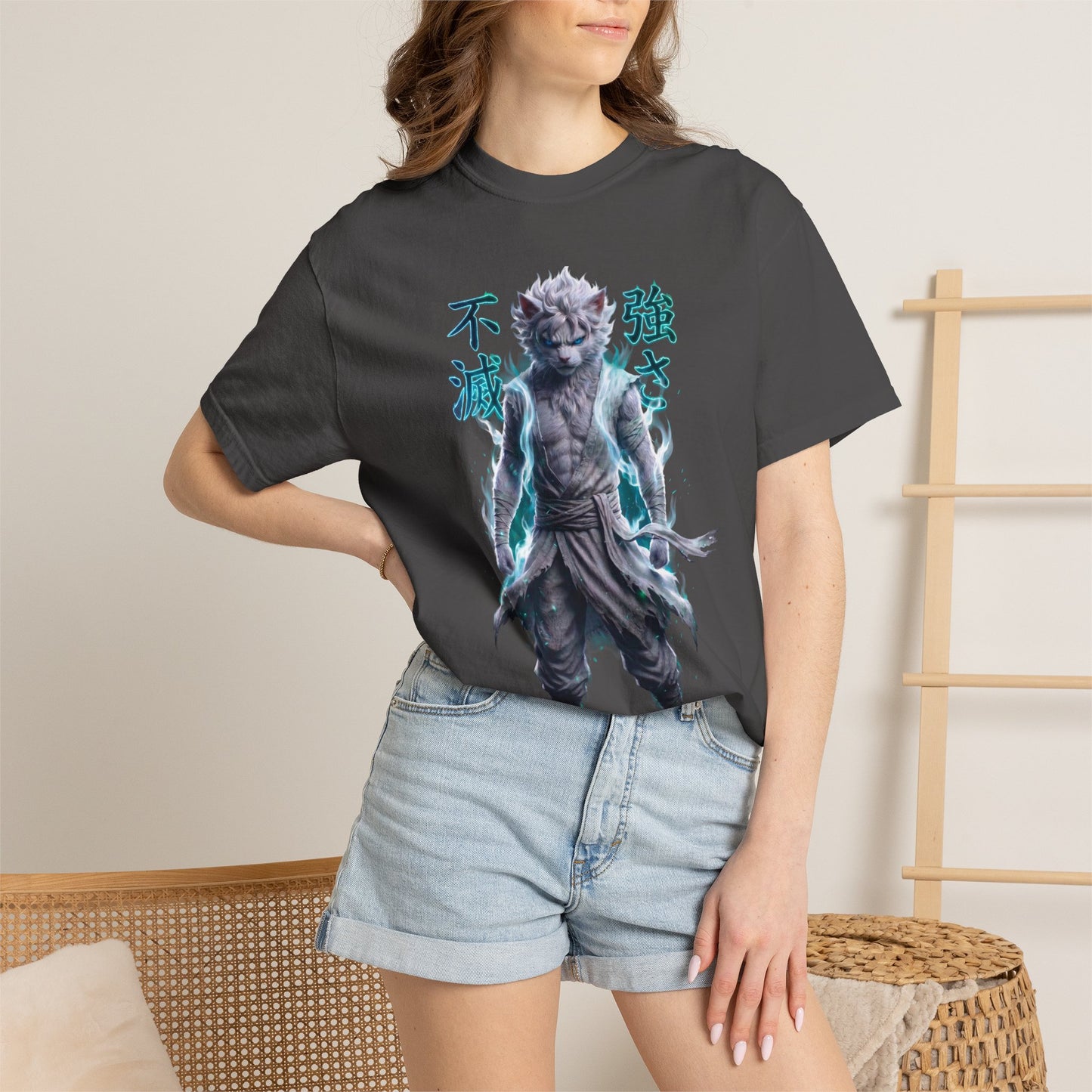 Y2K Cyberpunk Graphic Tee White Silver Cat Warrior Unisex Harajuku Style Streetwear Comfort Colors 1717 T-Shirt