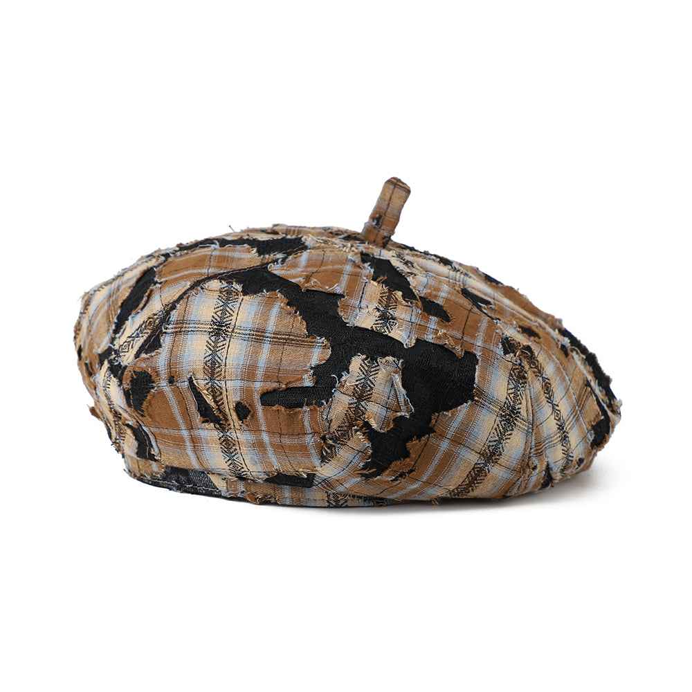 Distressed Check Beret, Retro Fringe Pattern Streetwear Hat for Casual & Girly Outfits