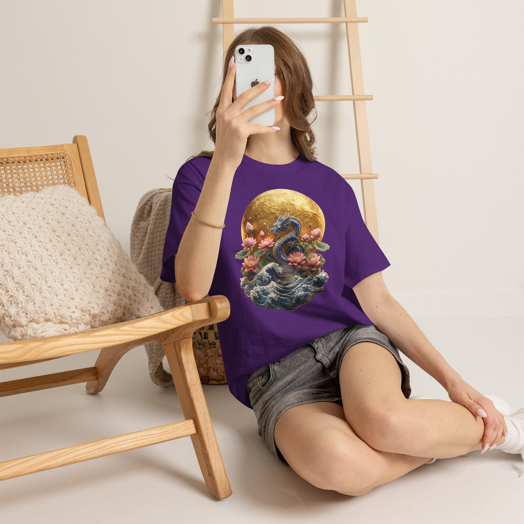 Japanese Dragon & Lotus Moon Graphic Tee - Heavy Cotton Streetwear