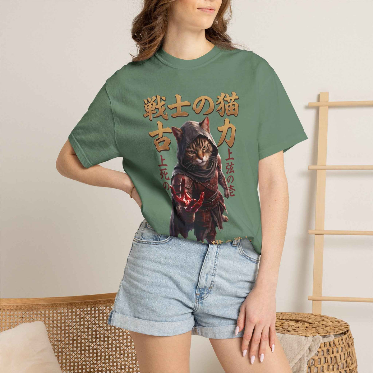 Mystic Warrior Cat Graphic Tee | Dark Aesthetic Japanese Streetwear Shirts for Men & Women | Vintage Manga Heavyweight Comfort Colors 1717 T-Shirt