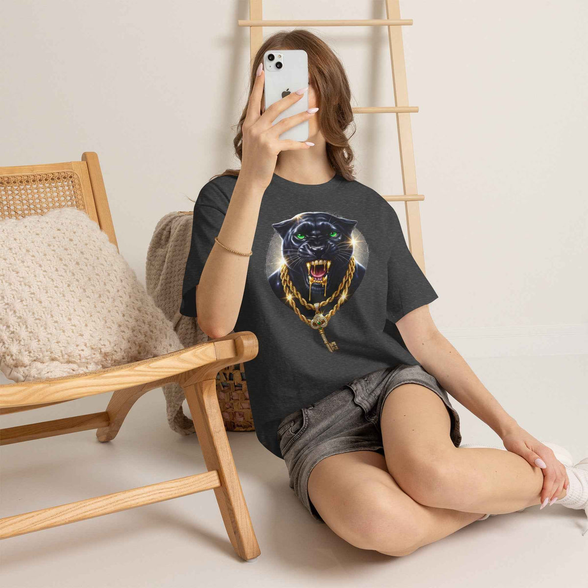 Luxury Black Panther Graphic Tee with Gold Chains & Key