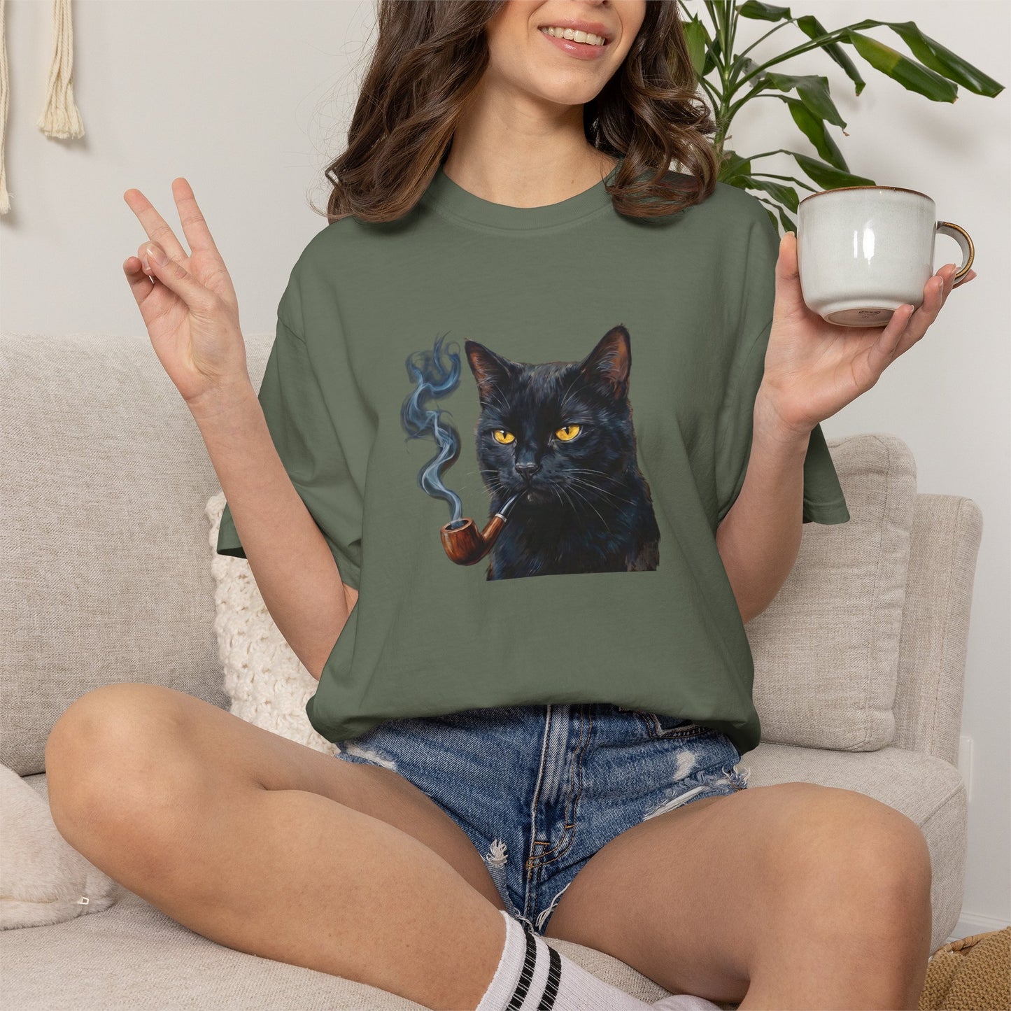 Smoking Cat Graphic T-Shirt — Retro Black Cat with Pipe Tee