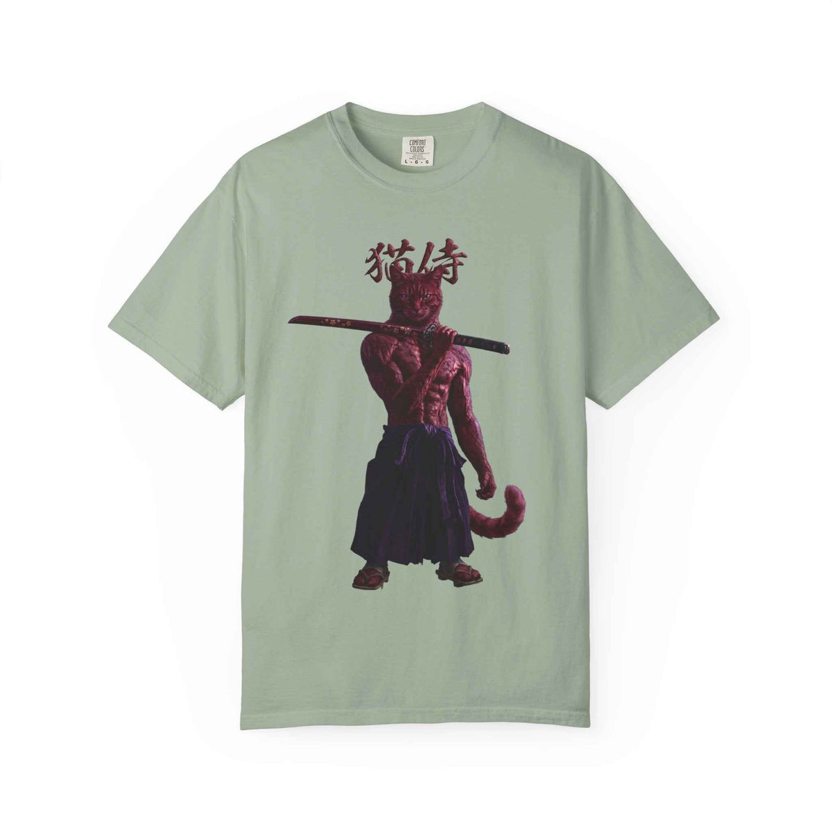 Heavyweight Vintage Red Samurai Cat Tee - Boxy Graphic Tee for Dark Aesthetic Fans