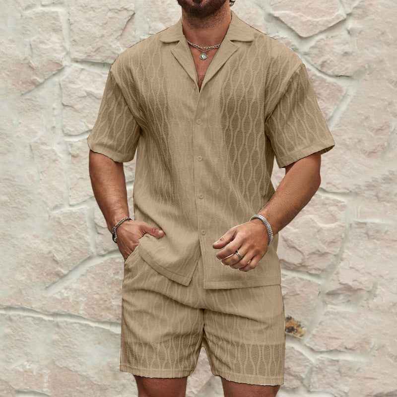 Vintage Wavy Jacquard Two-Piece Set - Lightweight Short Sleeve Button Up Shirt & Shorts Casual Urban Co-ord Outfits
