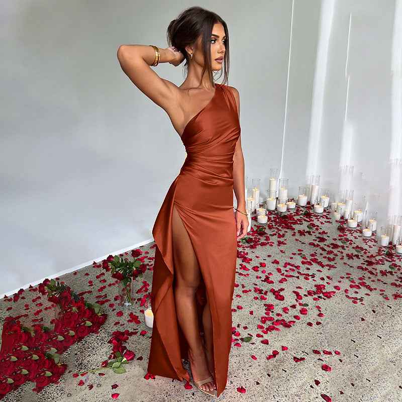 Red One-Shoulder Backless Satin Dress