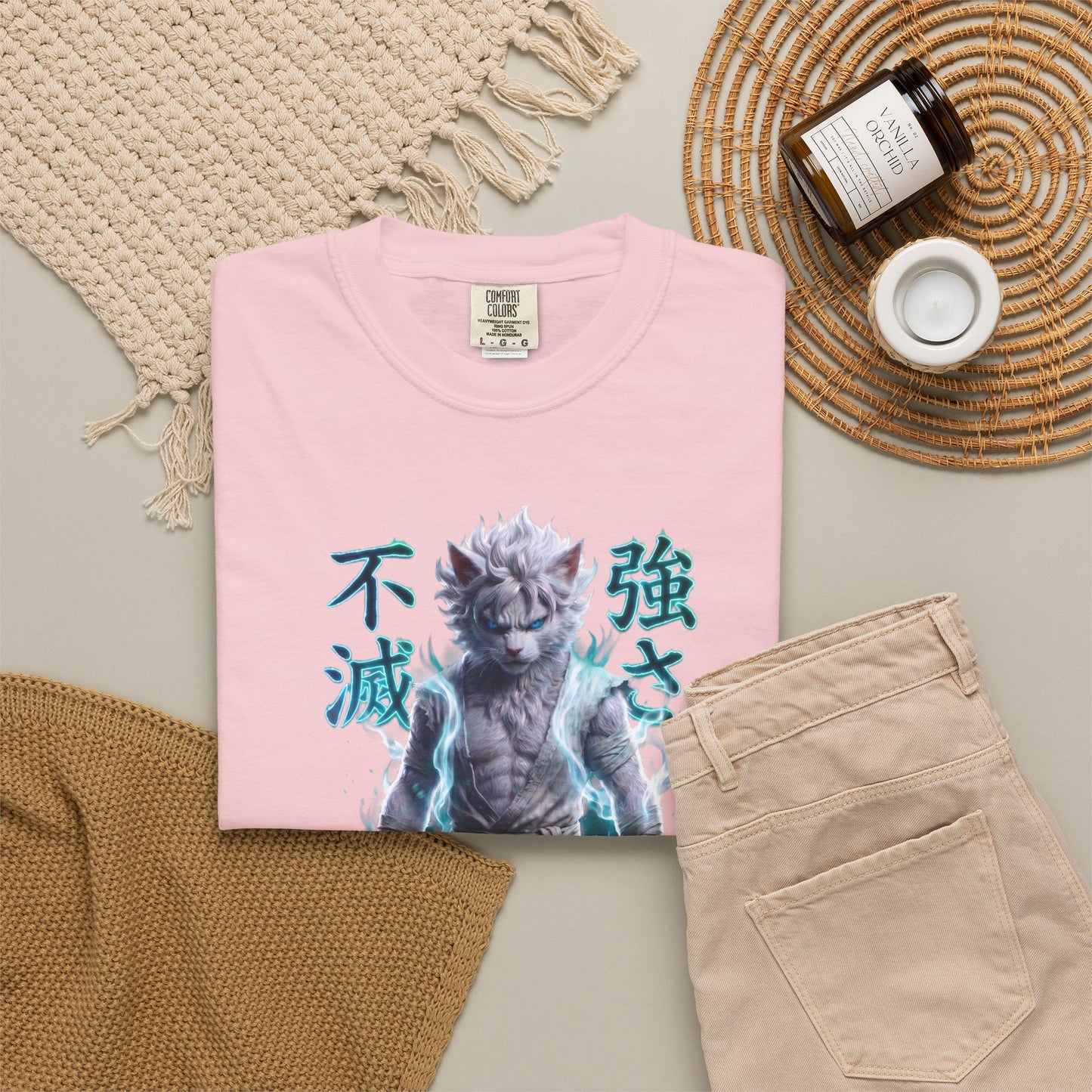 Y2K Cyberpunk Graphic Tee White Silver Cat Warrior Unisex Harajuku Style Streetwear Comfort Colors 1717 T-Shirt
