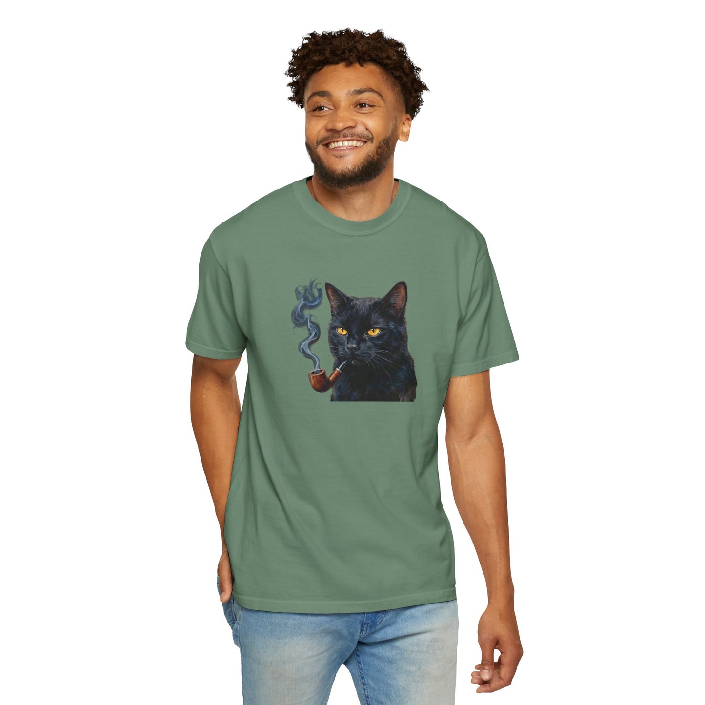 Smoking Cat Graphic T-Shirt — Retro Black Cat with Pipe Tee