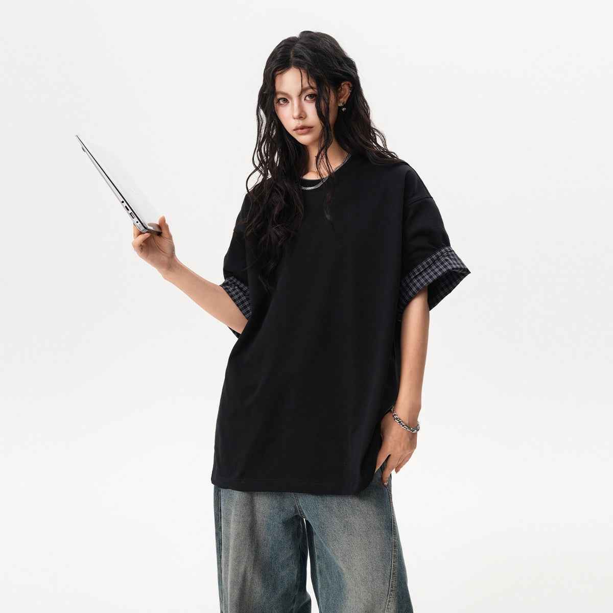 Color-Block Plaid Women's T-Shirt - Modern Streetwear Top