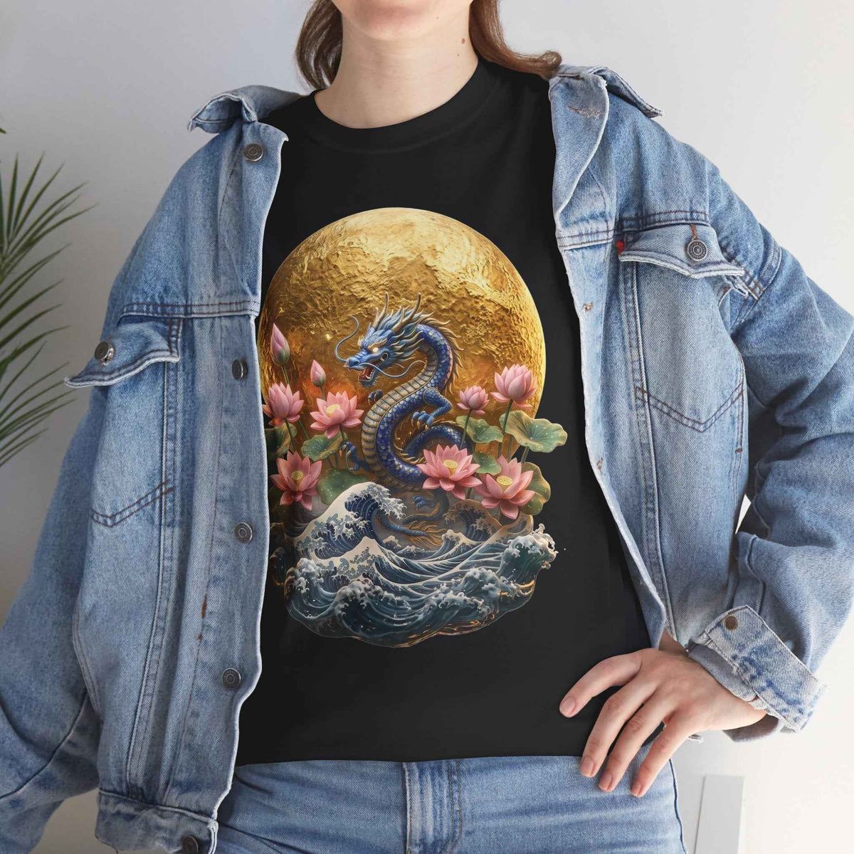 Japanese Dragon & Lotus Moon Graphic Tee - Heavy Cotton Streetwear