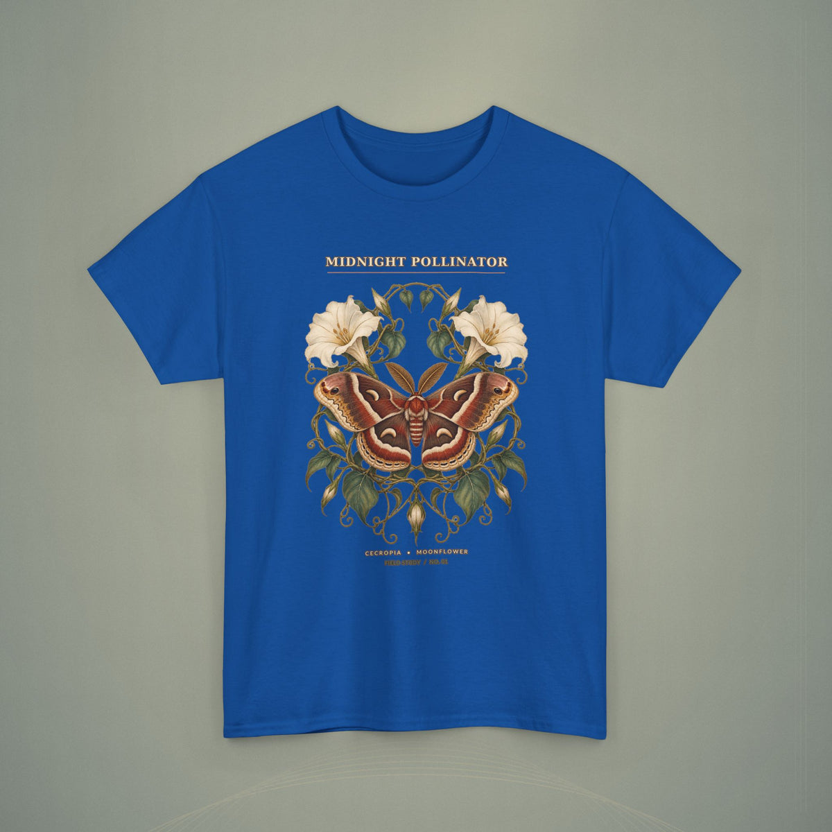 Midnight Pollinator Cecropia Moth & Moonflower Graphic Tee | Vintage Botanical Night Garden Shirt