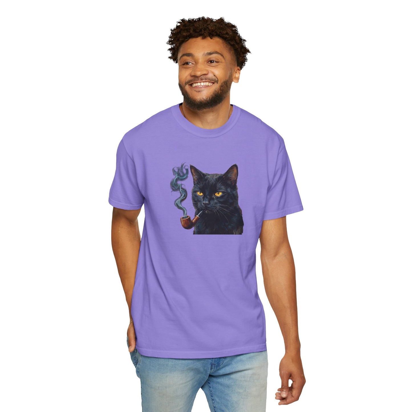 Smoking Cat Graphic T-Shirt — Retro Black Cat with Pipe Tee