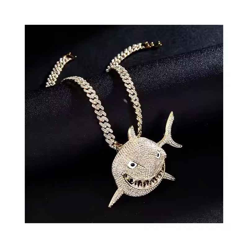 3D Diamond Football & Shark Pendant Necklace - Gold Zinc Alloy Cubic Zirconia