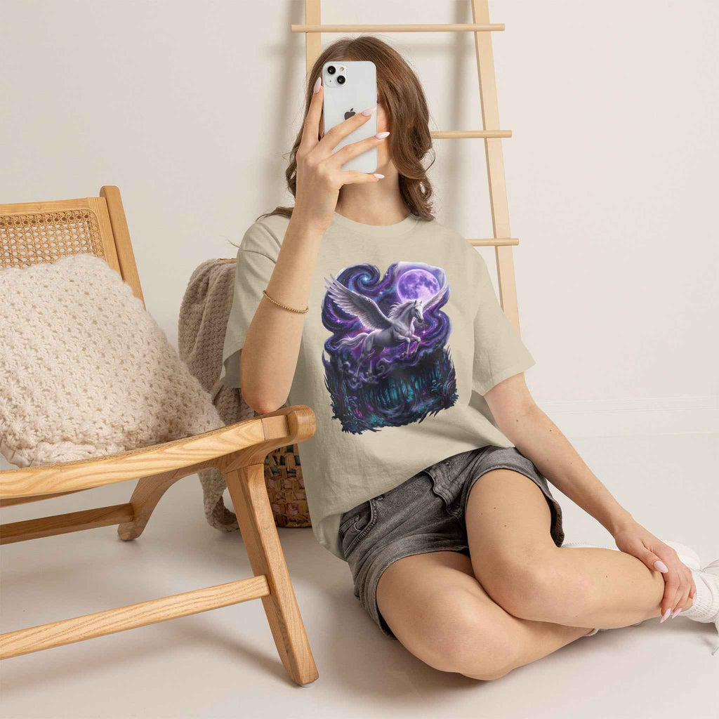 Celestial Pegasus Galaxy Moon Cotton T-Shirt - Cosmic Fantasy Graphic Tee