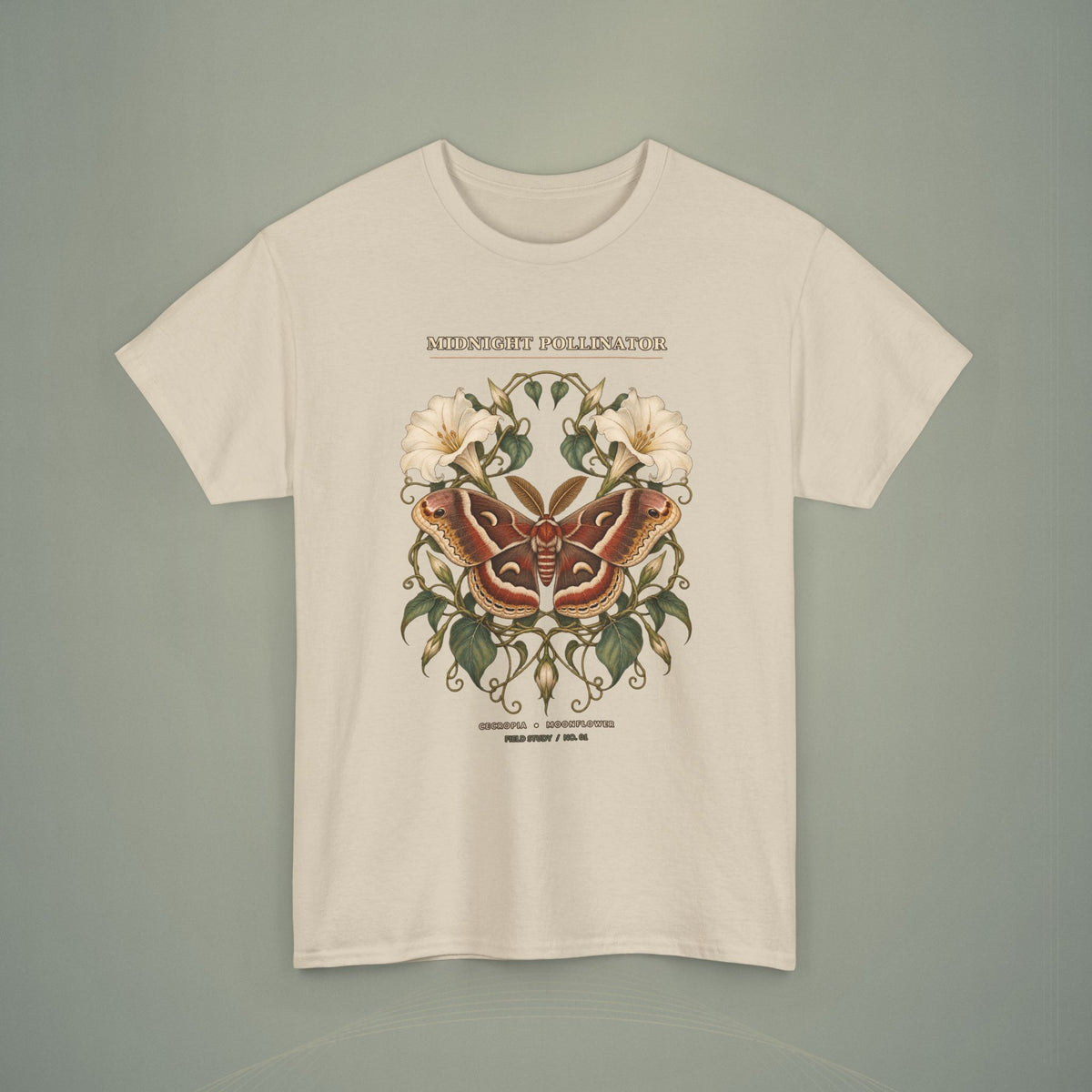Midnight Pollinator Cecropia Moth & Moonflower Graphic Tee | Vintage Botanical Night Garden Shirt