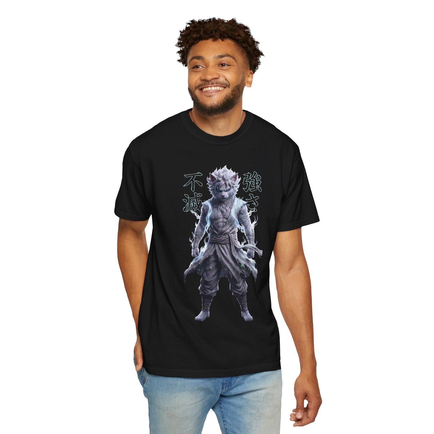 Y2K Cyberpunk Graphic Tee White Silver Cat Warrior Unisex Harajuku Style Streetwear Comfort Colors 1717 T-Shirt