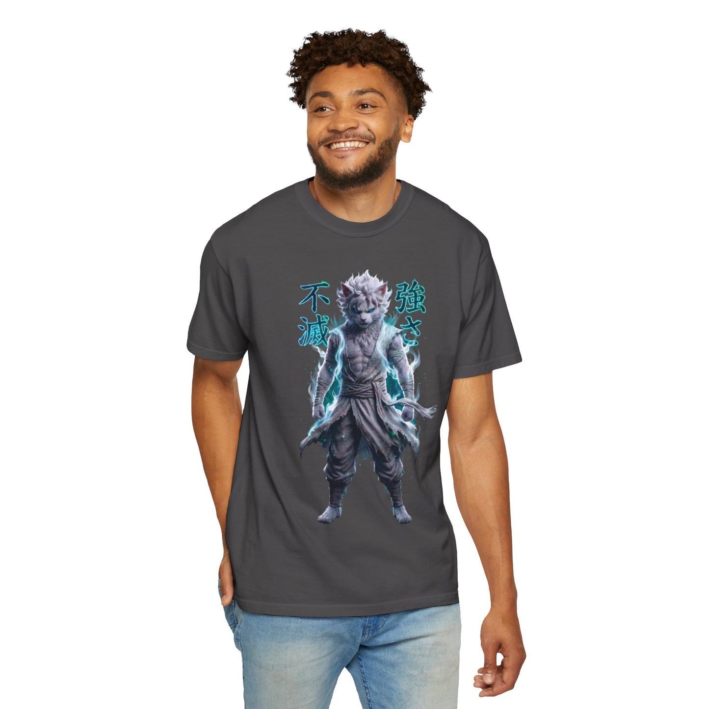 Y2K Cyberpunk Graphic Tee White Silver Cat Warrior Unisex Harajuku Style Streetwear Comfort Colors 1717 T-Shirt