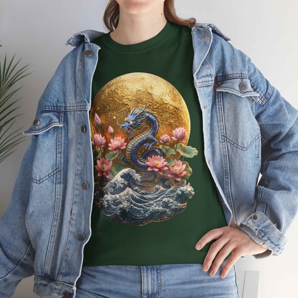 Japanese Dragon & Lotus Moon Graphic Tee - Heavy Cotton Streetwear