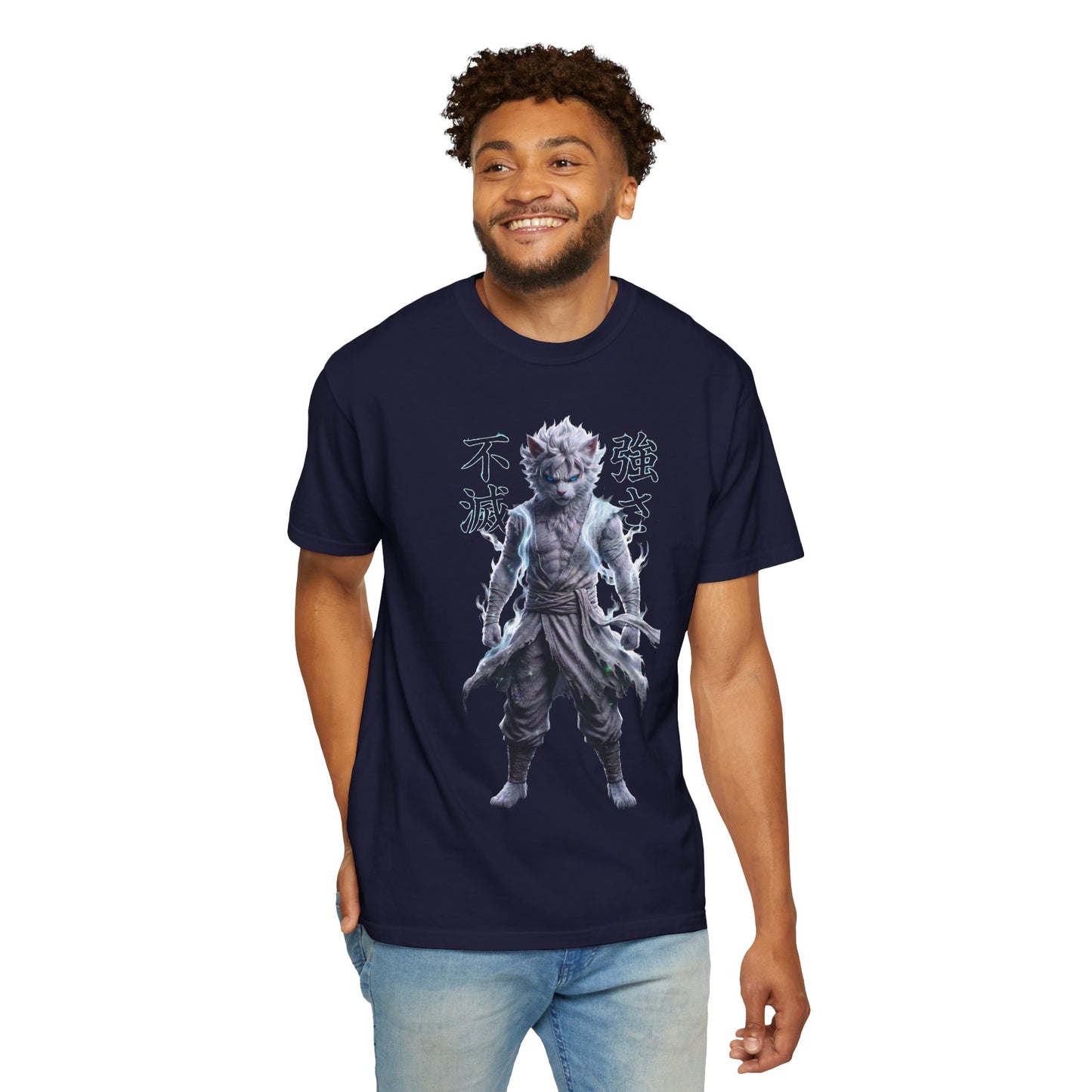 Y2K Cyberpunk Graphic Tee White Silver Cat Warrior Unisex Harajuku Style Streetwear Comfort Colors 1717 T-Shirt