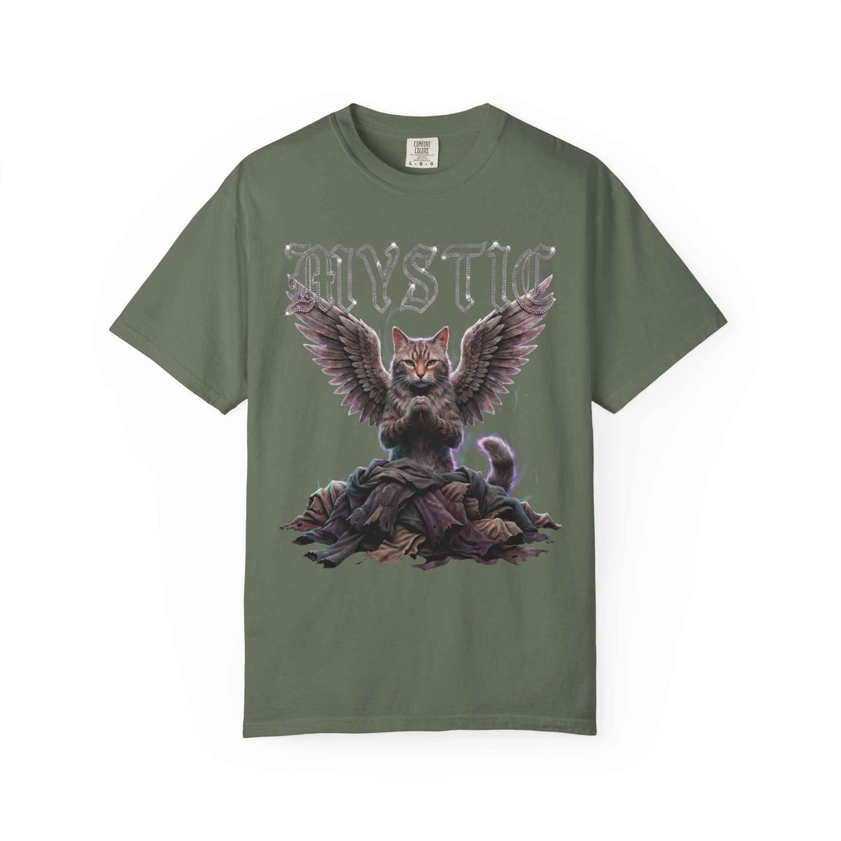 Mystic Cat Gothic Angel Wings Cyberpunk Tee - Dark Aesthetic, 1717 Comfort Colors, Oversized