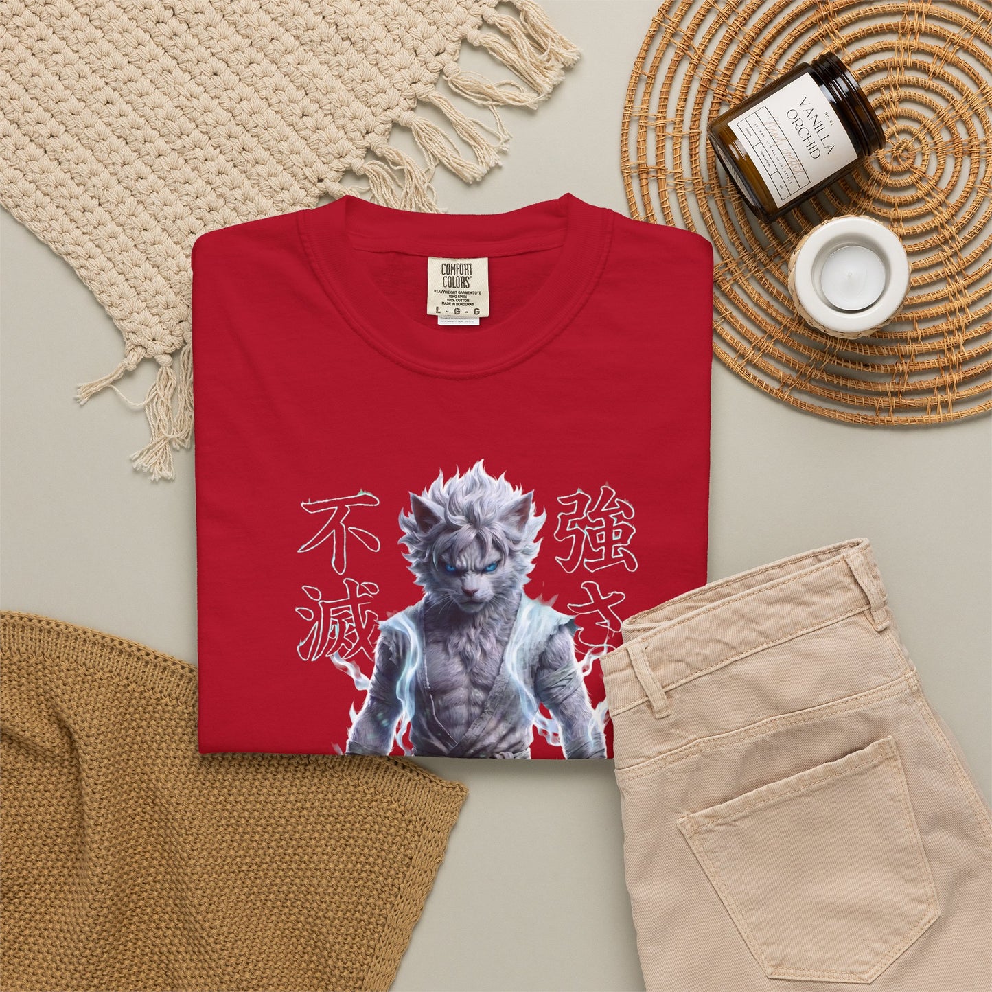 Y2K Cyberpunk Graphic Tee White Silver Cat Warrior Unisex Harajuku Style Streetwear Comfort Colors 1717 T-Shirt