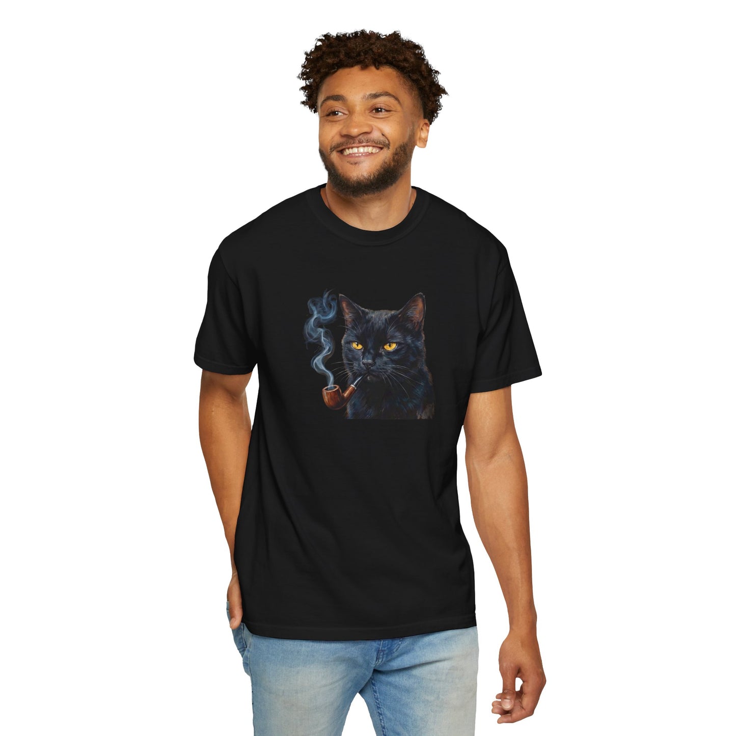 Smoking Cat Graphic T-Shirt — Retro Black Cat with Pipe Tee