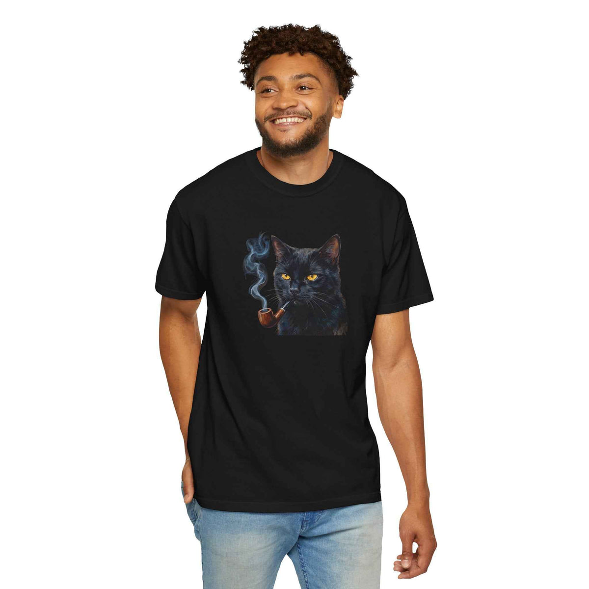 Smoking Cat Graphic T-Shirt — Vintage Noir Cat with Pipe Tee