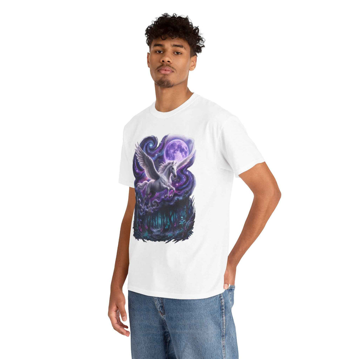 Celestial Pegasus Galaxy Moon Cotton T-Shirt - Cosmic Fantasy Graphic Tee