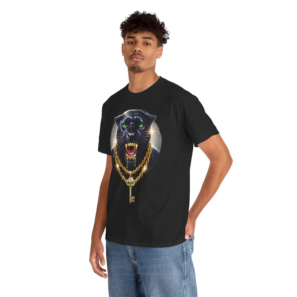 Luxury Black Panther Graphic Tee with Gold Chains & Key