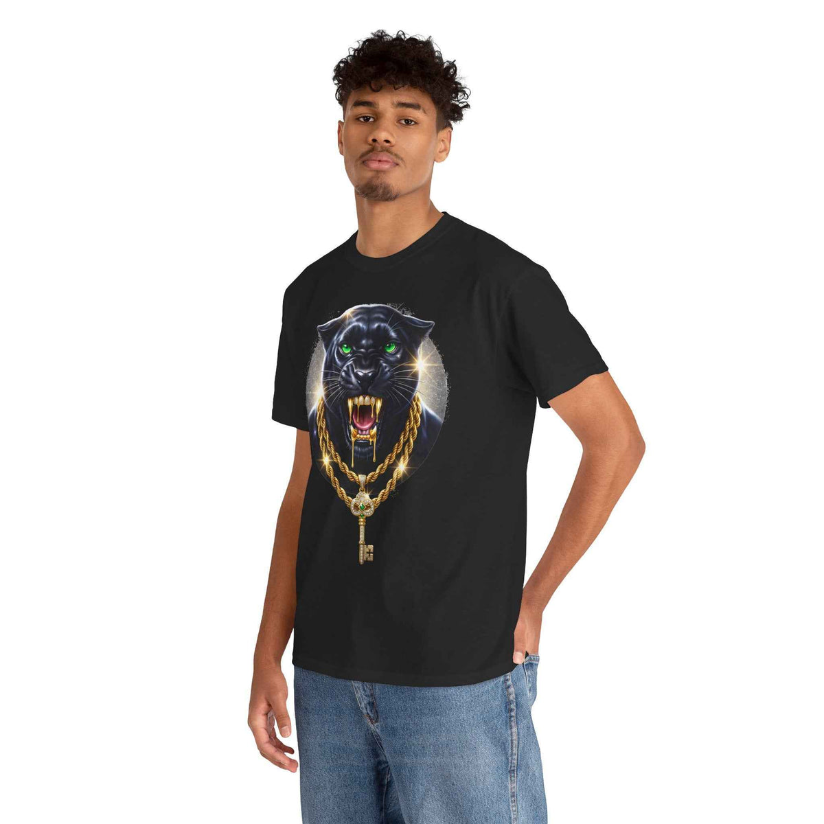 Luxury Black Panther Graphic Tee with Gold Chains & Key