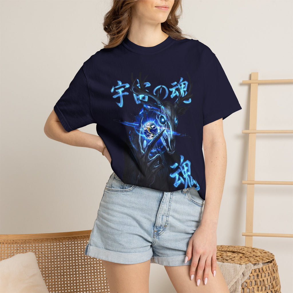 Neon Blue Cosmic Skull Graphic Tee - Unisex Cyberpunk Harajuku Streetwear