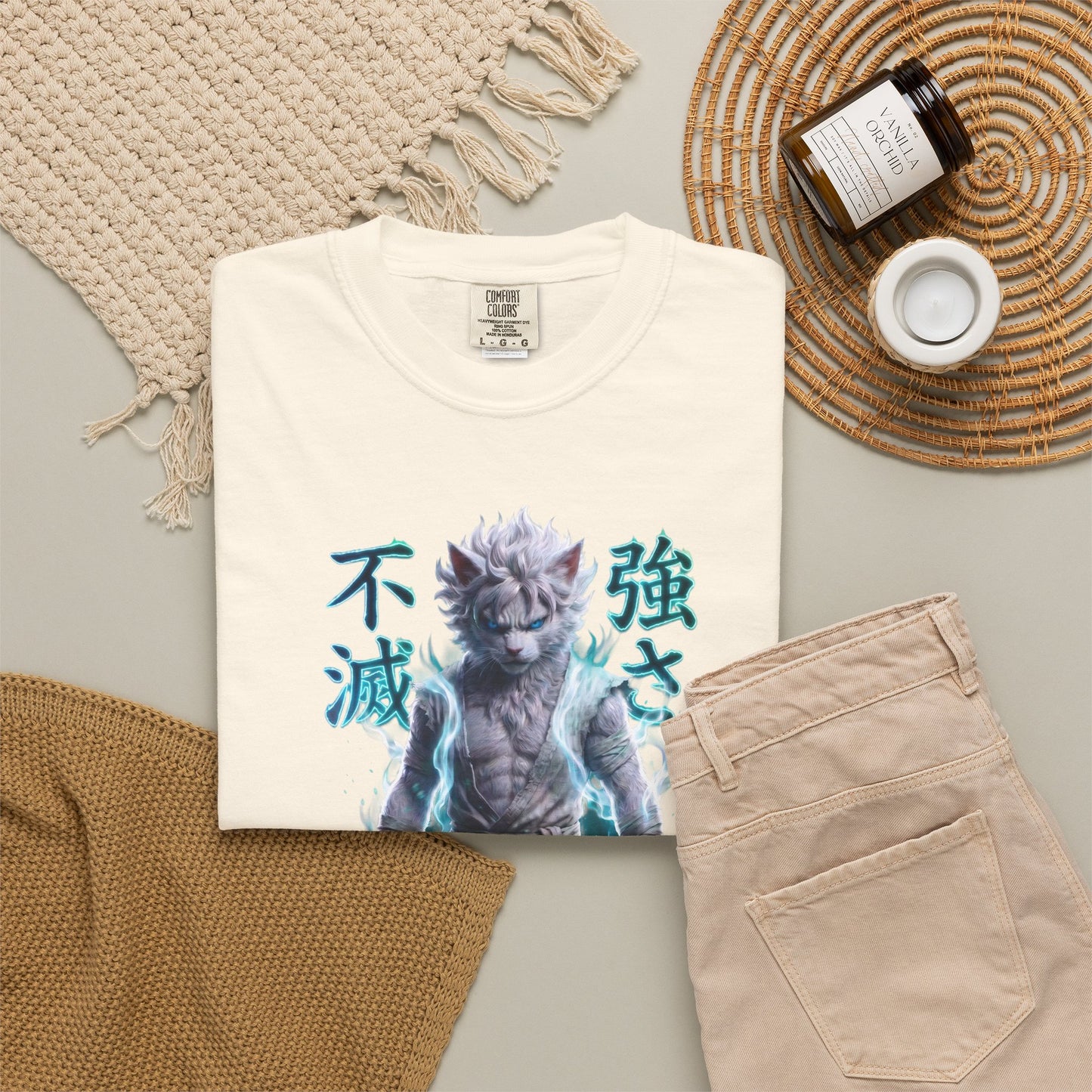 Y2K Cyberpunk Graphic Tee White Silver Cat Warrior Unisex Harajuku Style Streetwear Comfort Colors 1717 T-Shirt