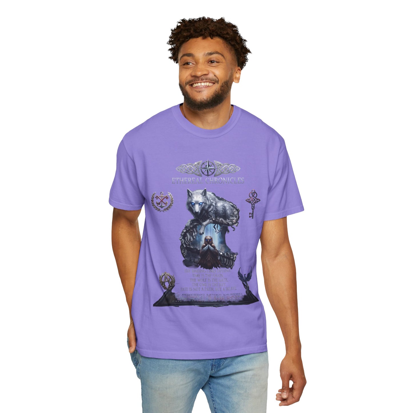 Ethereal Chronicles Graphic Tee | Mythical Wolf & Celestial Owl Shirts for Men & Women | Dark Fantasy Gothic Aesthetics Heavyweight Comfort Colors 1717 T-Shirt