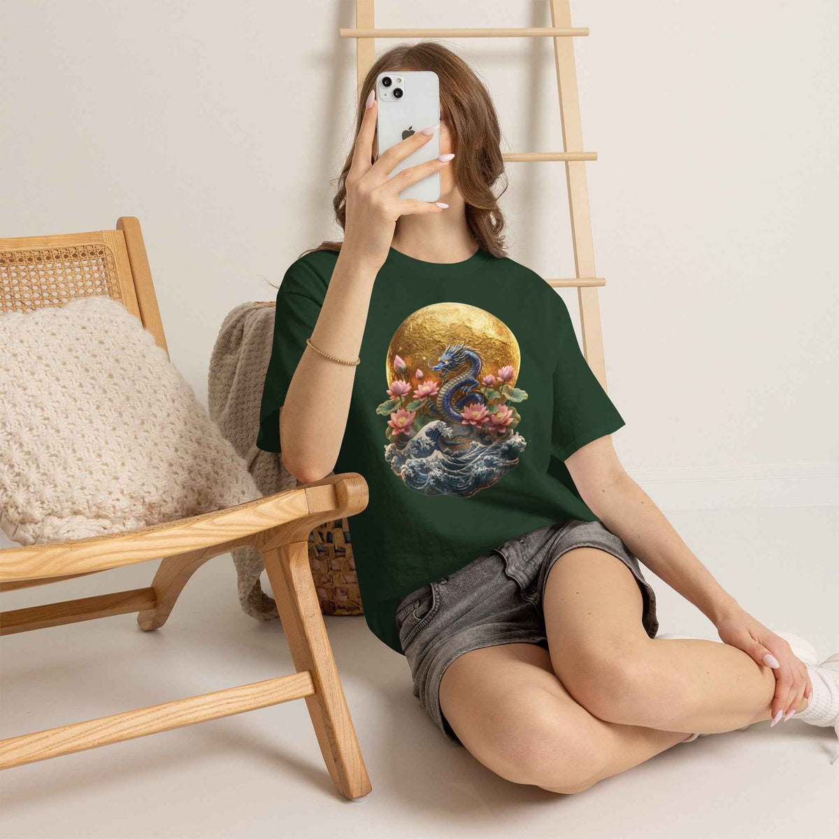 Japanese Dragon & Lotus Moon Graphic Tee - Heavy Cotton Streetwear