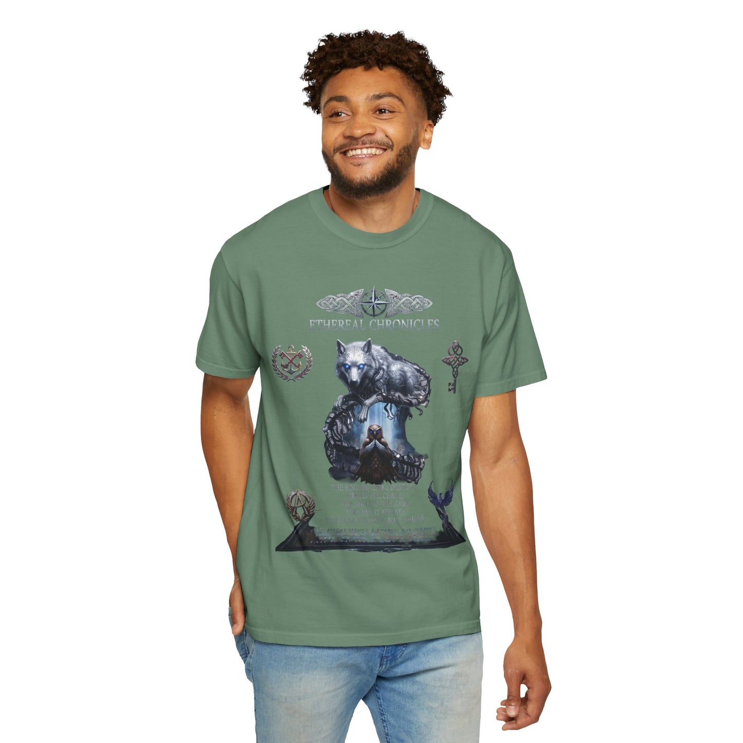 Ethereal Chronicles Graphic Tee | Mythical Wolf & Celestial Owl Shirts for Men & Women | Dark Fantasy Gothic Aesthetics Heavyweight Comfort Colors 1717 T-Shirt