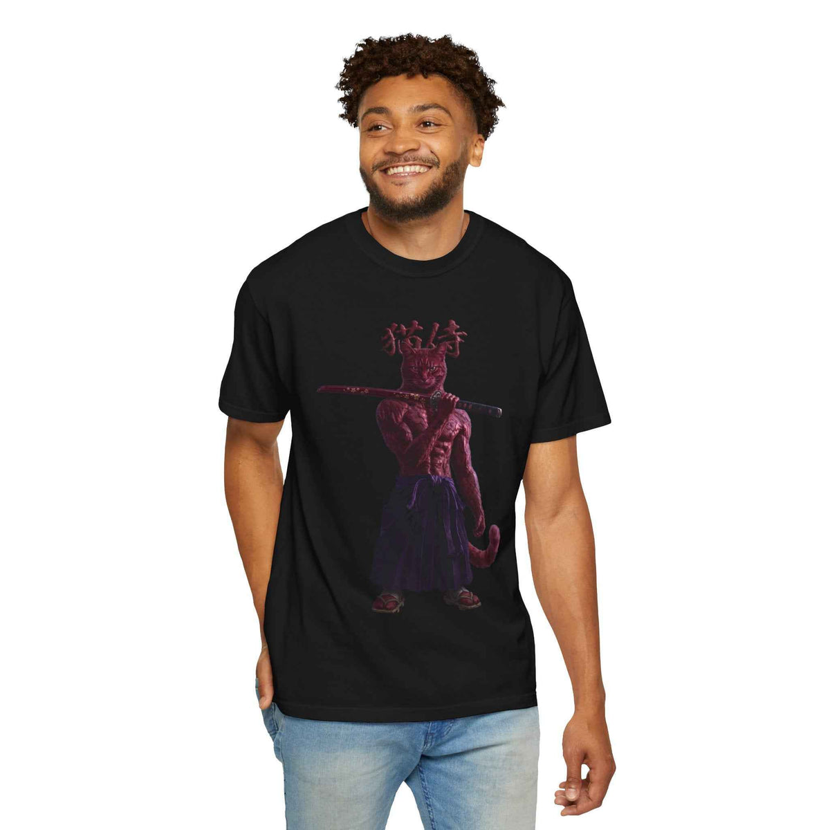 Heavyweight Vintage Red Samurai Cat Tee - Boxy Graphic Tee for Dark Aesthetic Fans