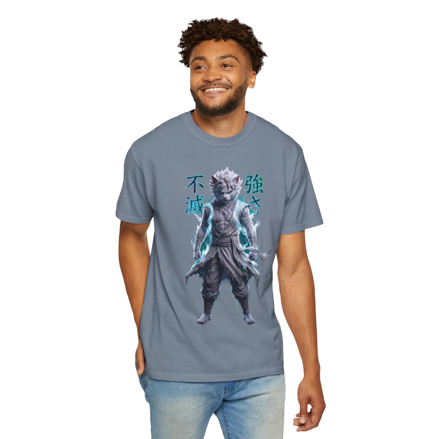 Y2K Cyberpunk Graphic Tee White Silver Cat Warrior Unisex Harajuku Style Streetwear Comfort Colors 1717 T-Shirt