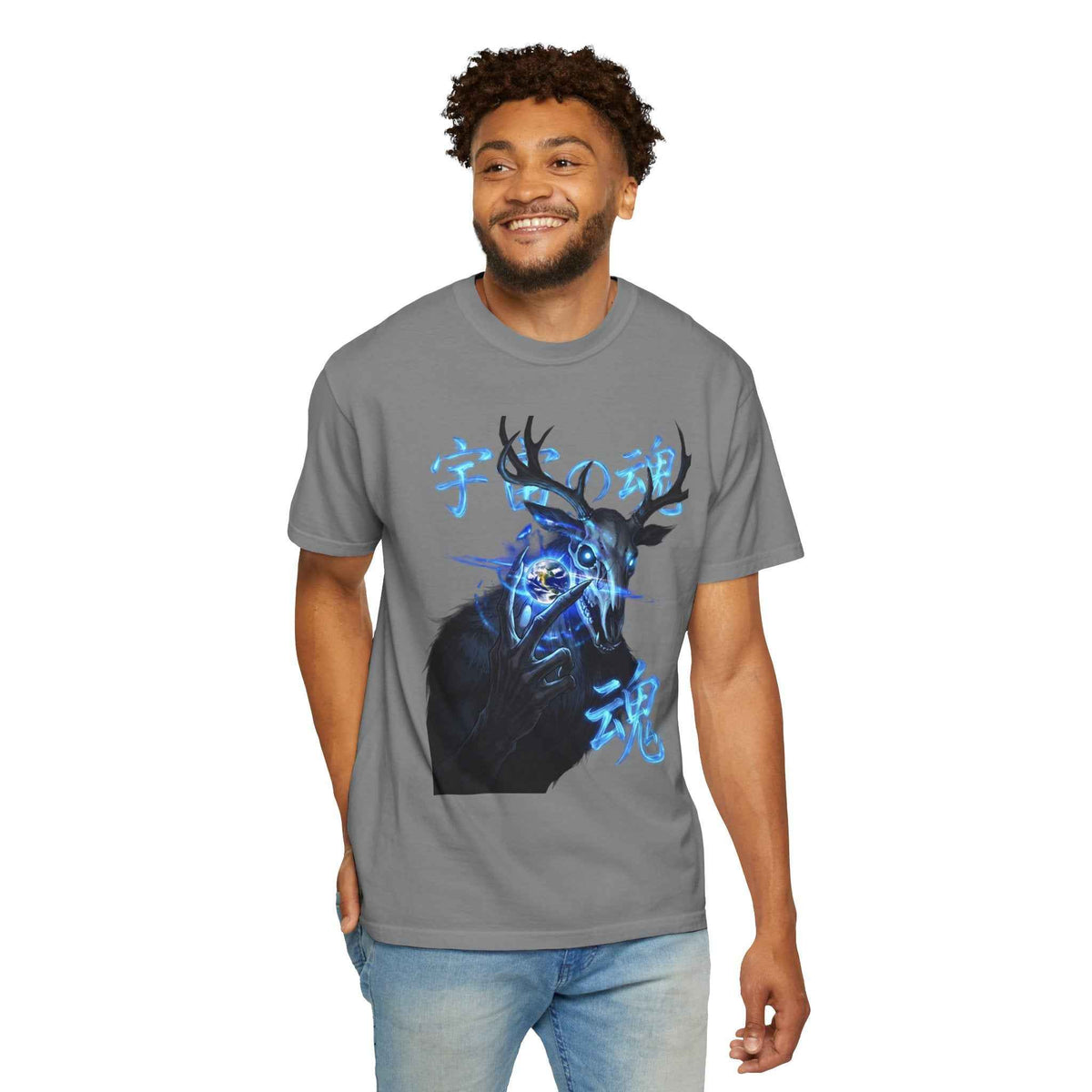 Neon Blue Cosmic Skull Graphic Tee - Unisex Cyberpunk Harajuku Streetwear