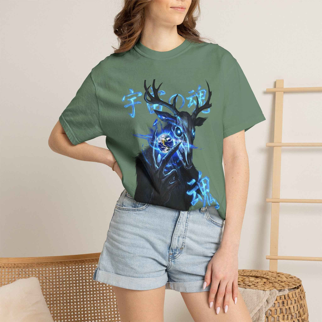 Neon Blue Cosmic Skull Graphic Tee - Unisex Cyberpunk Harajuku Streetwear