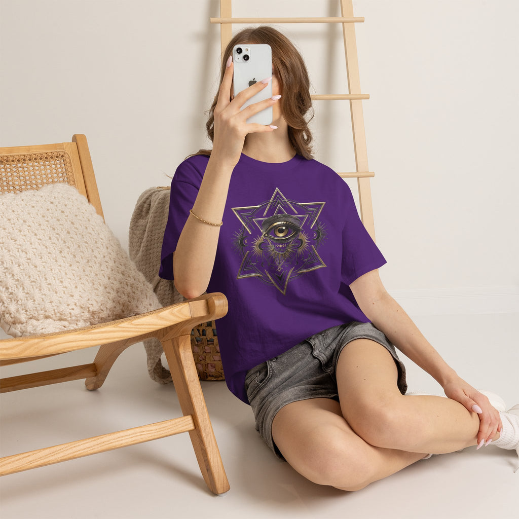 T-Shirt mit mystischem Auge und heiliger Geometrie – Schwerer Baumwoll-Streetwear
