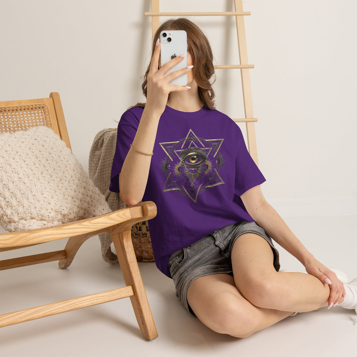 T-Shirt mit mystischem Auge und heiliger Geometrie – Schwerer Baumwoll-Streetwear