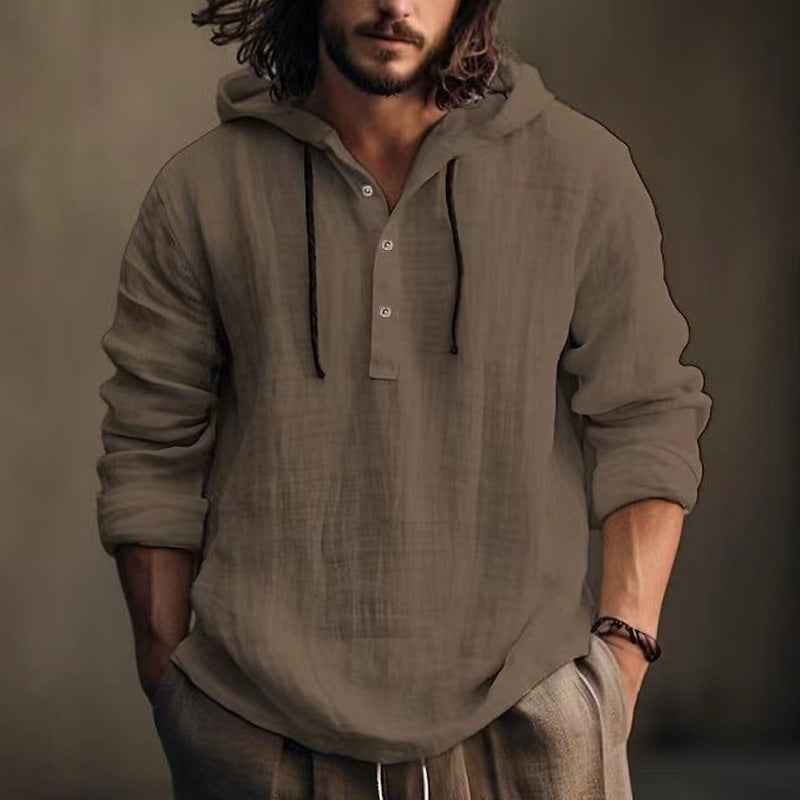 Vintage Linen Hooded Pullover Shirt - Lightweight Cotton-Linen Streetwear