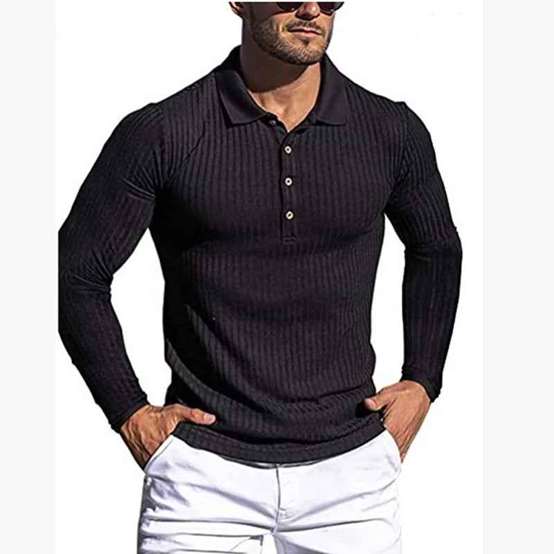 Men's Striped Long Sleeve Fitted Polo Shirt - Breathable & Stylish Running Essential