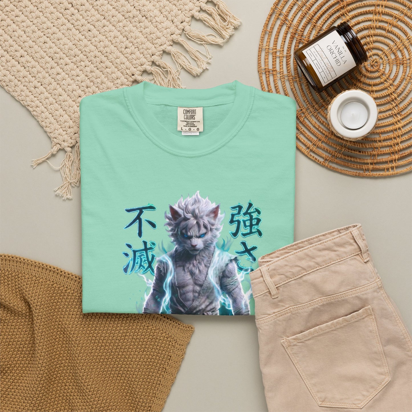 Y2K Cyberpunk Graphic Tee White Silver Cat Warrior Unisex Harajuku Style Streetwear Comfort Colors 1717 T-Shirt
