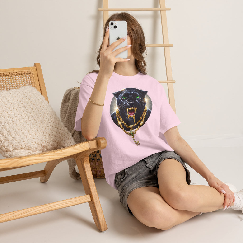 Luxury Black Panther Graphic Tee with Gold Chains & Key