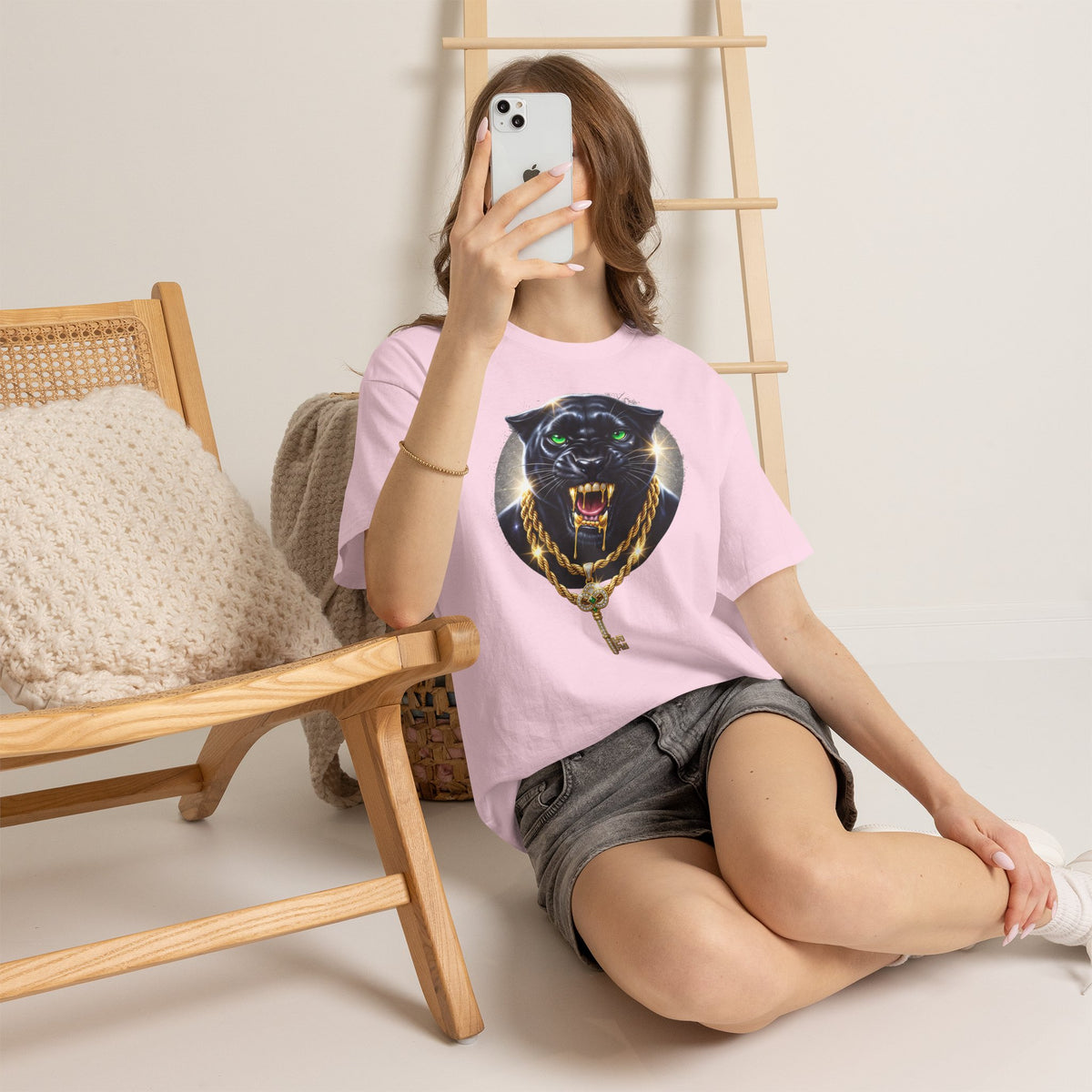 Luxury Black Panther Graphic Tee with Gold Chains & Key